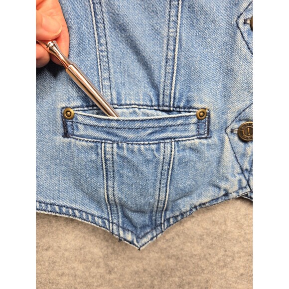 Solutions Original Vintage Denim Vest Pockets Flags Button Up Women's Medium - Picture 4 of 12